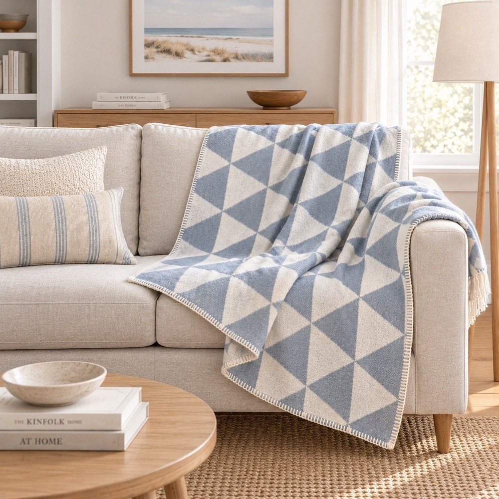 Lana & Lino Wool Throw Blanket 52x66 Cream Gray Geometric Nordic Coastal